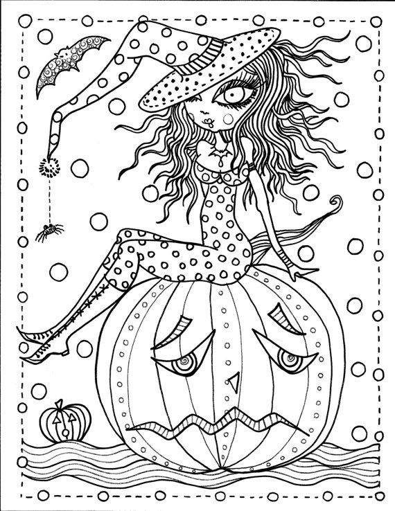 Coloring page witch and sad pumpkin